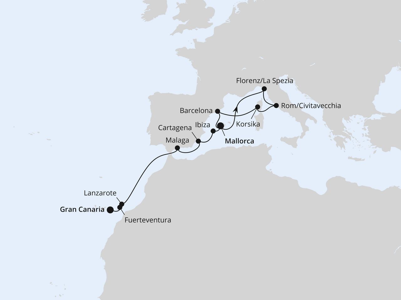 Routenkarte: Korsika, Italien & Kanaren ab Mallorca