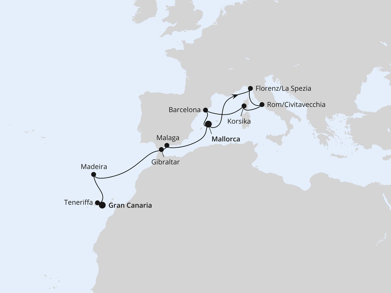 Routenkarte: Korsika, Italien & Kanaren ab Mallorca