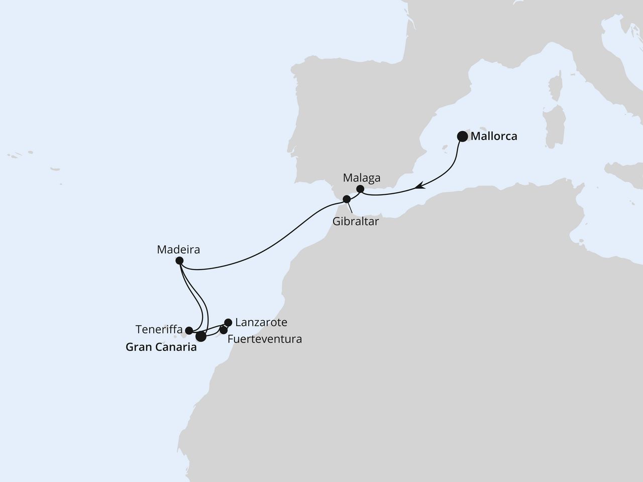 Routenkarte: Andalusien, Kanaren & Madeira ab Mallorca