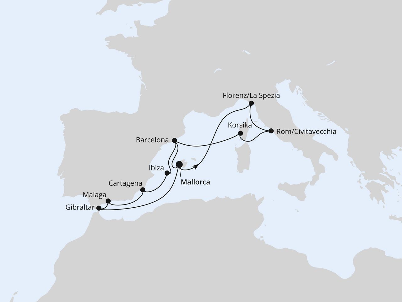 Routenkarte: Große Mittelmeer-Reise ab Mallorca