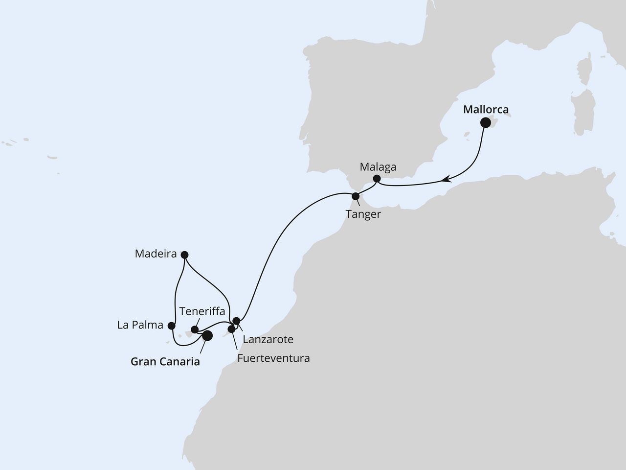 Routenkarte: Mittelmeer & Atlantikküste mit Kanaren ab Mallorca