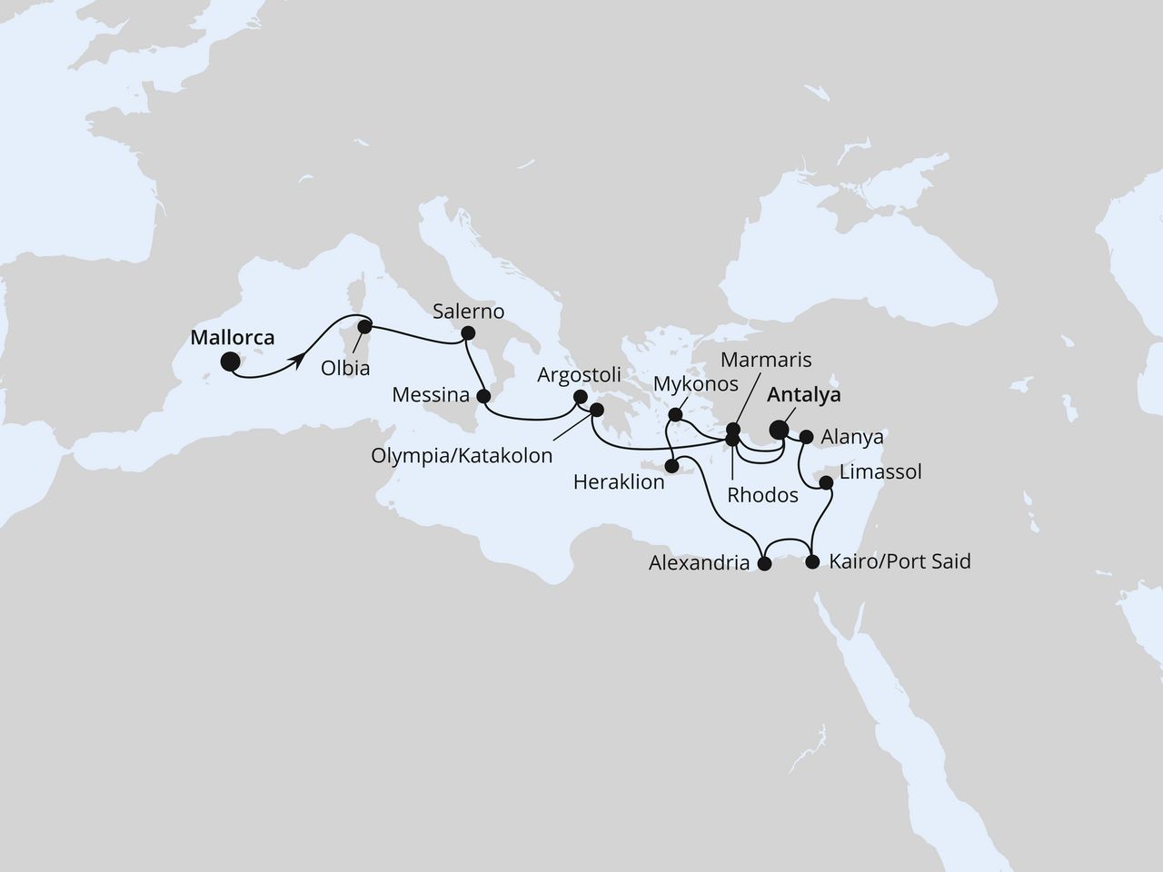 Routenkarte: Große Osterreise mit Griechenland & Ägypten