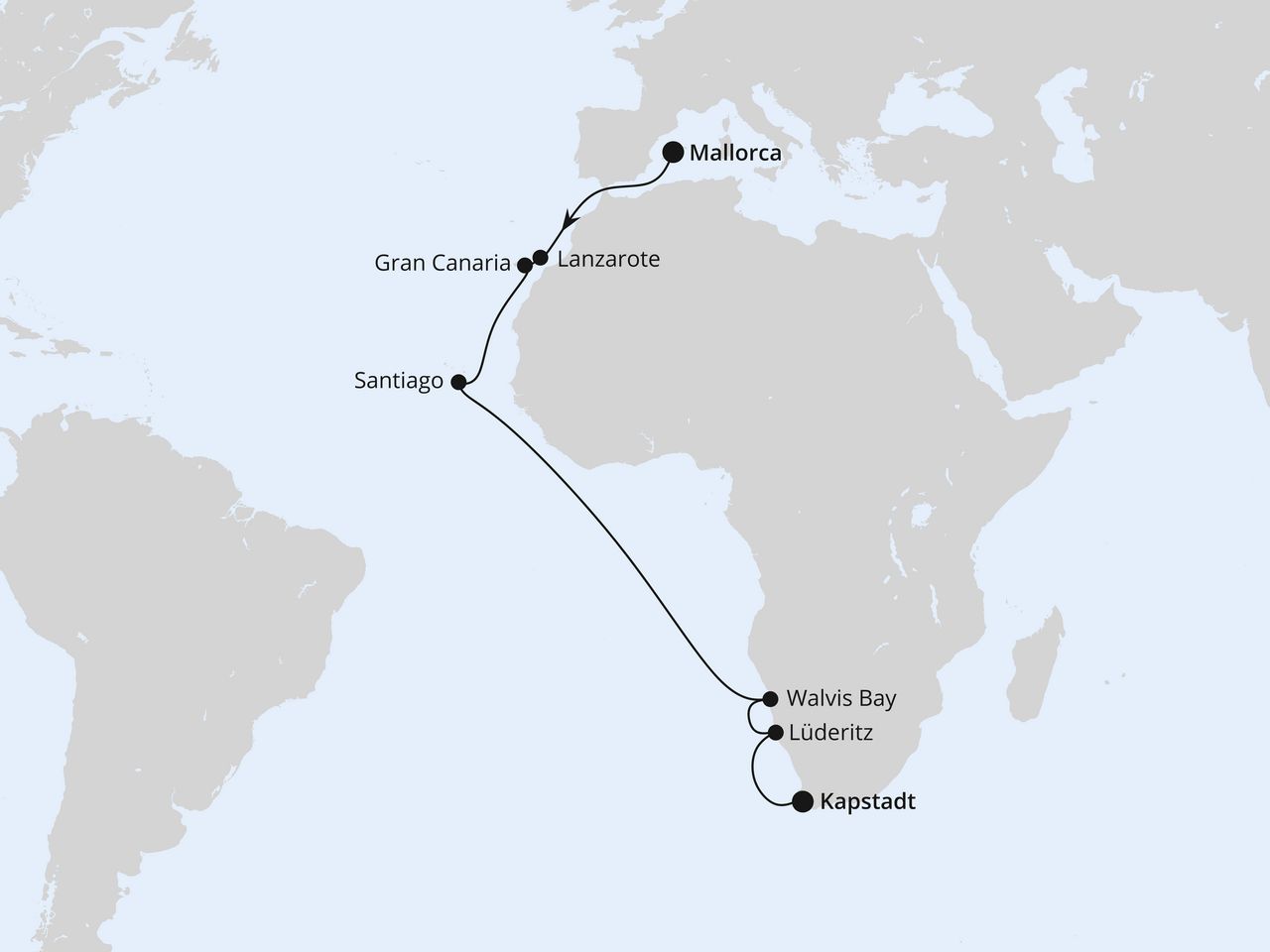 Routenkarte: Von Mallorca über Namibia nach Kapstadt