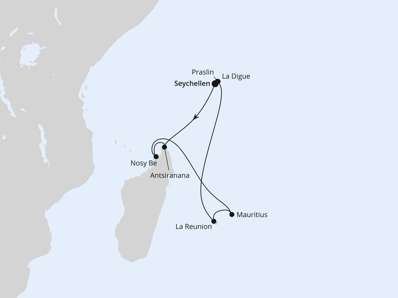 Routenkarte: Seychellen, Madagaskar & Mauritius