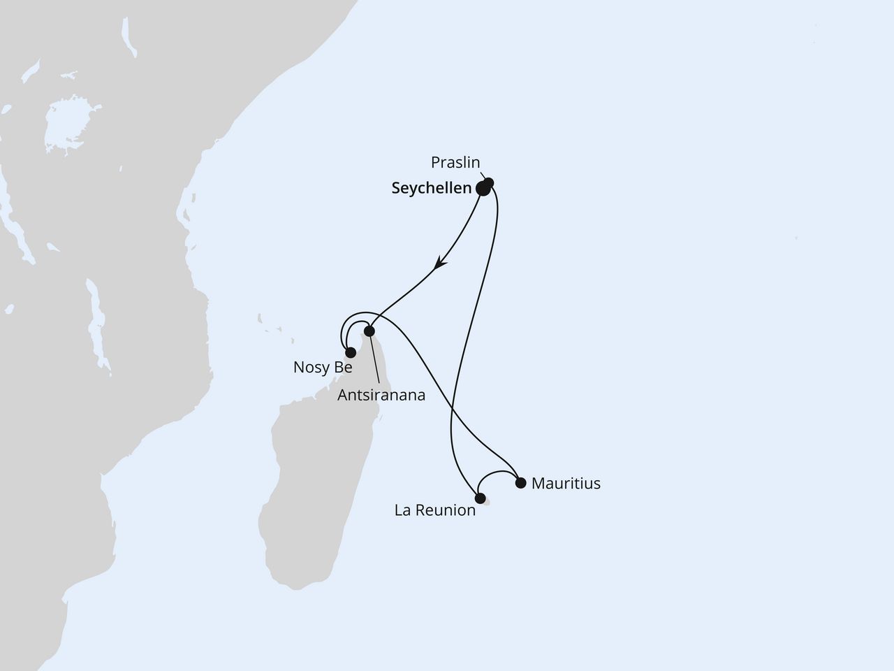 Routenkarte: Seychellen, Madagaskar & Mauritius