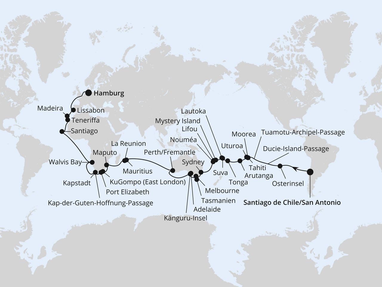 Routenkarte: Von San Antonio nach Hamburg