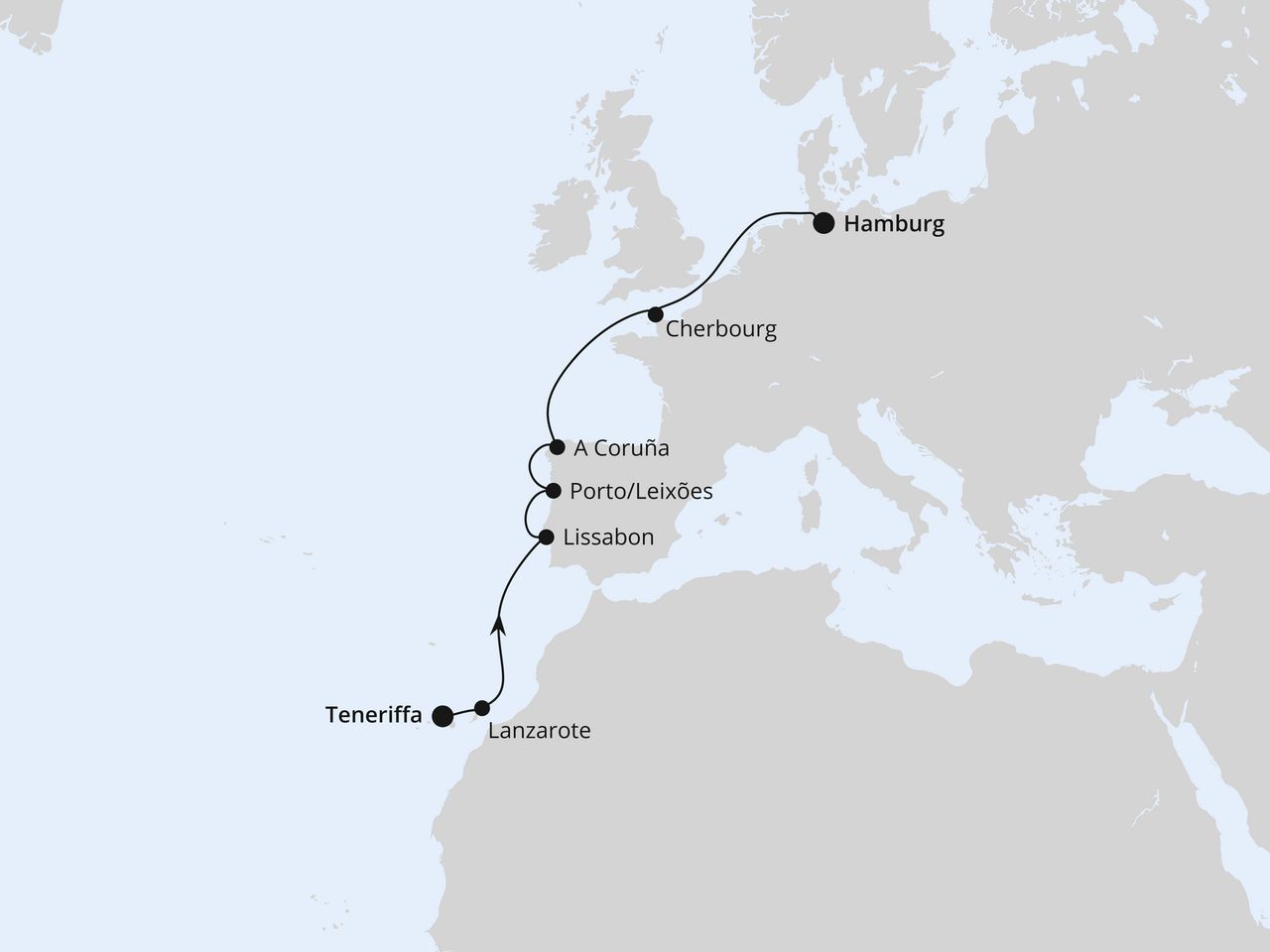 Routenkarte der AIDA Kreuzfahrt Von Teneriffa nach Hamburg