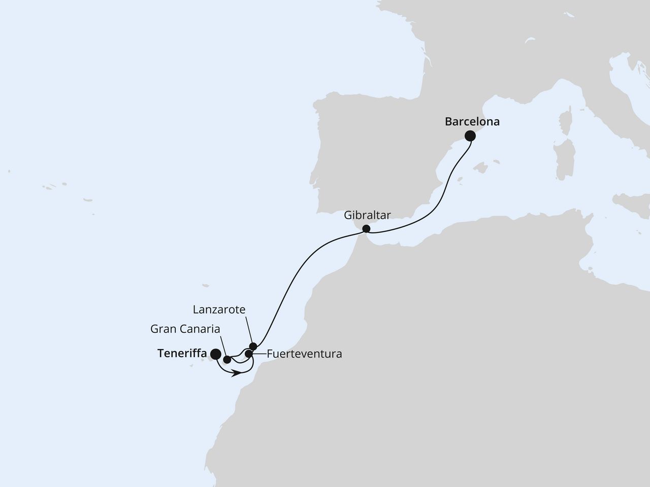 Routenkarte: Kanaren & Gibraltar ab Teneriffa