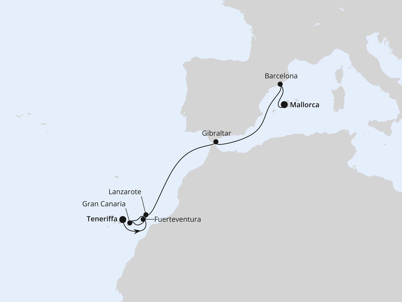 Routenkarte: Kanaren, Gibraltar & Barcelona ab Teneriffa