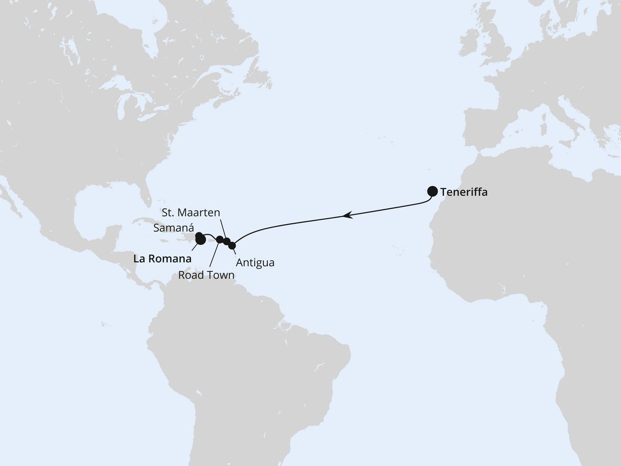 Routenkarte: Von Teneriffa über Antigua in die Dom. Republik
