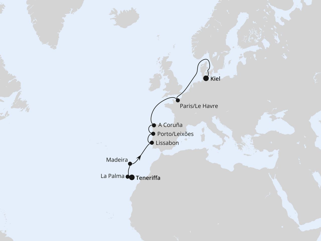 Routenkarte: Europas Atlantikküste ab Teneriffa