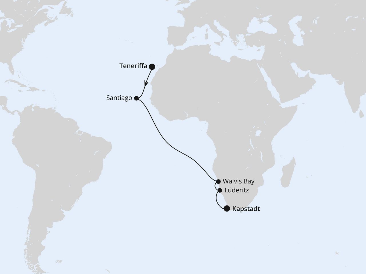Routenkarte: Von Teneriffa über Namibia nach Kapstadt