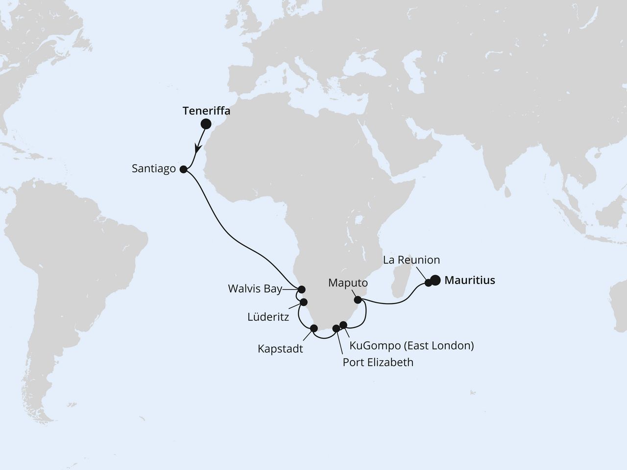 Routenkarte: Von Teneriffa über Südafrika nach Mauritius