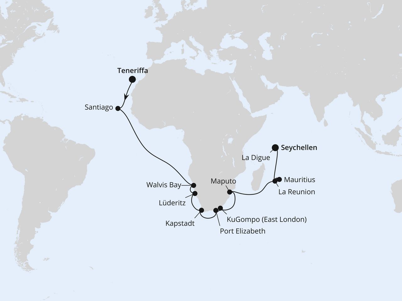 Routenkarte: Von Teneriffa über Südafrika auf die Seychellen
