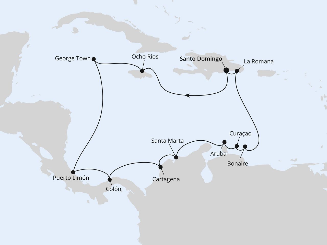 Routenkarte: Karibik & Mittelamerika ab Dom. Republik