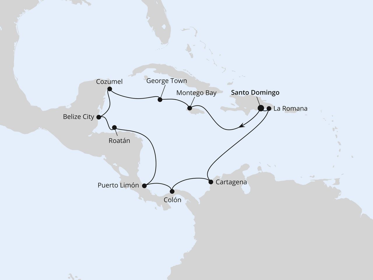 Routenkarte: Mexiko & Mittelamerika ab Dom. Republik