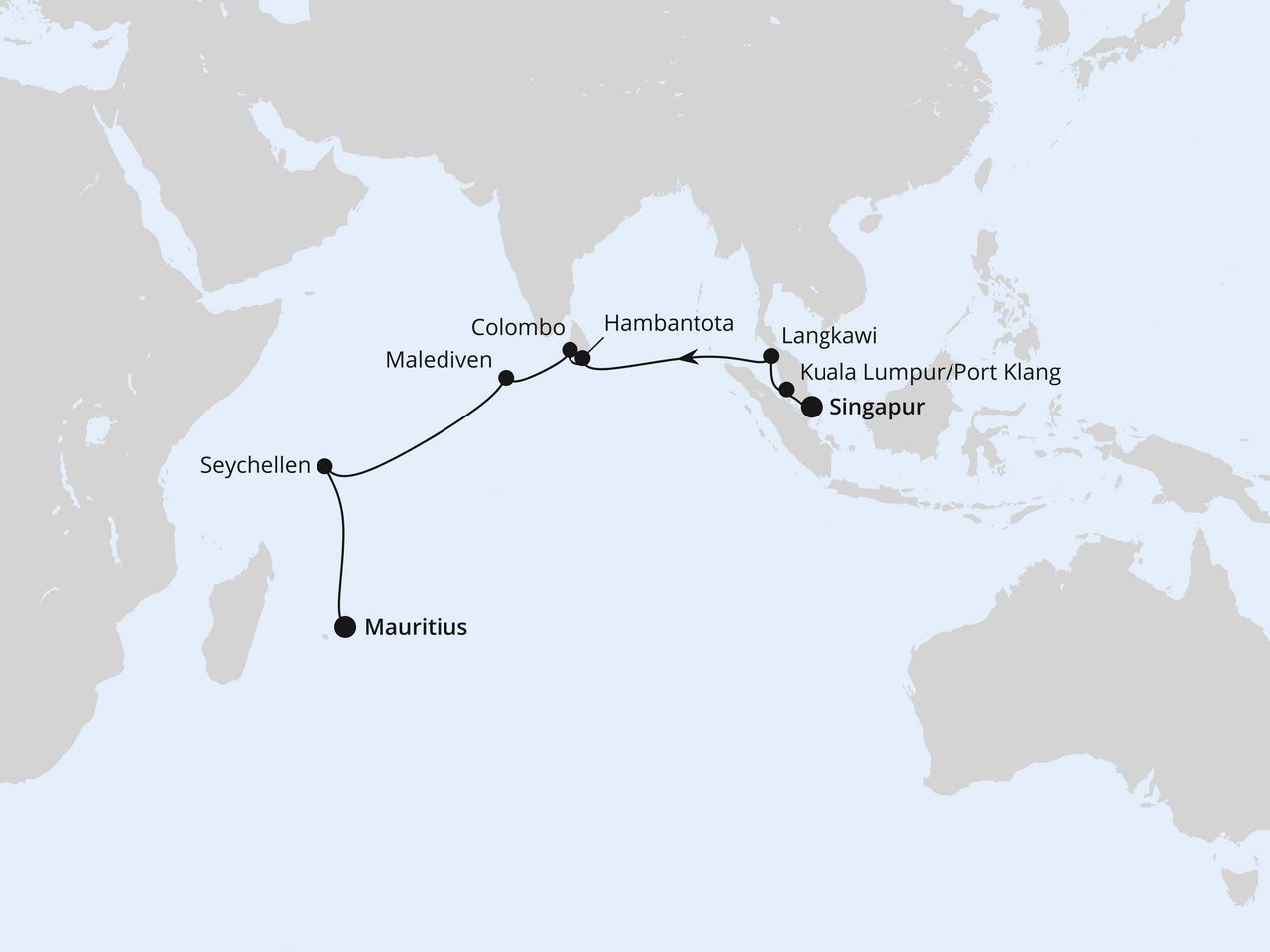Routenkarte: Von Singapur über Sri Lanka nach Mauritius