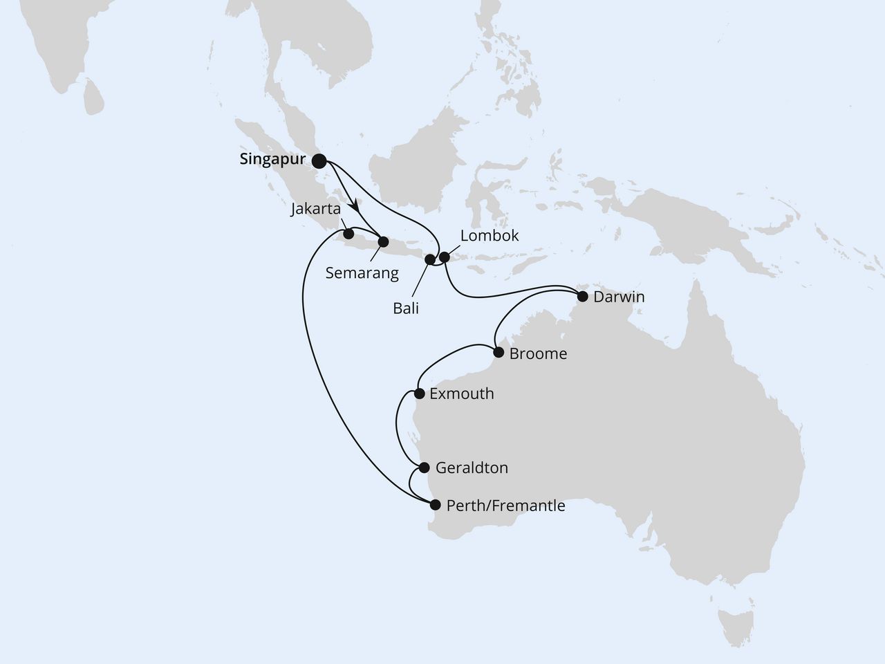 Routenkarte: Australien, Indonesien & Singapur