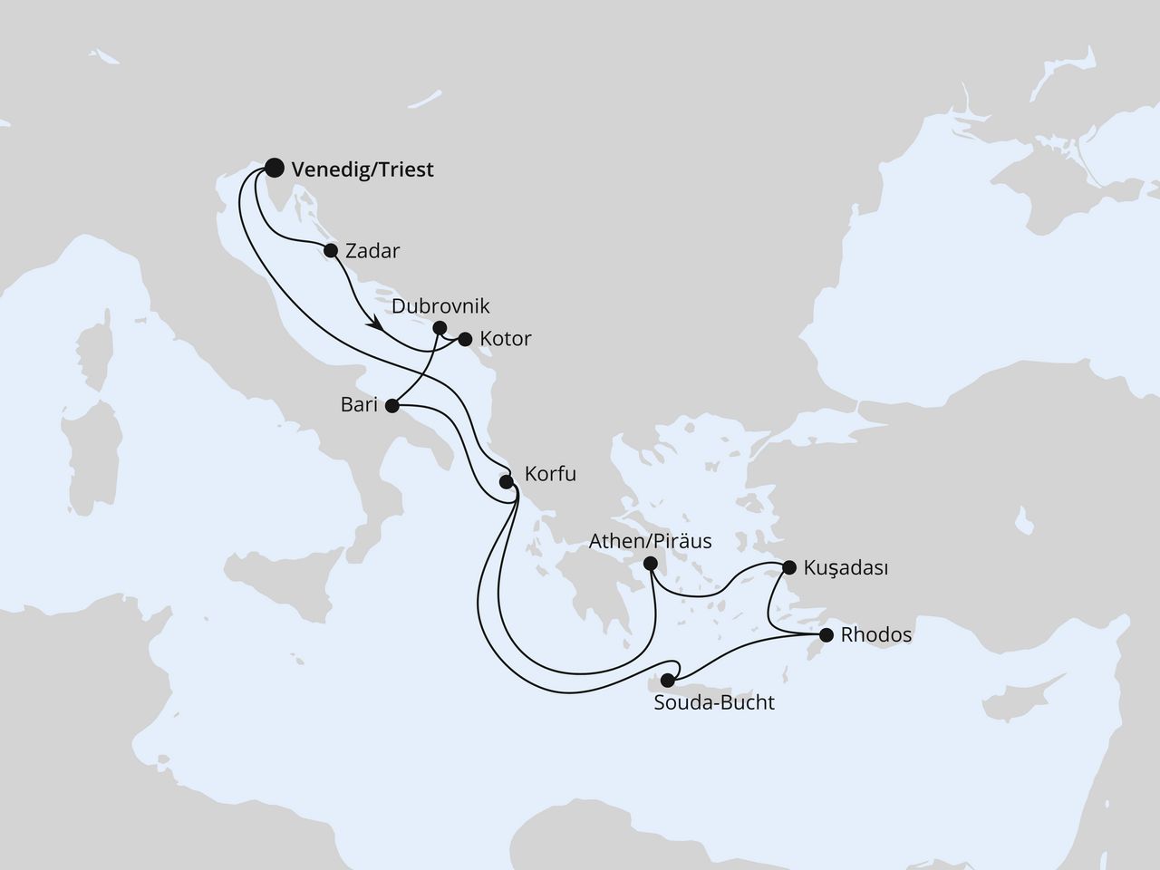Routenkarte der AIDA Kreuzfahrt Adria & Griechenland ab Triest 1