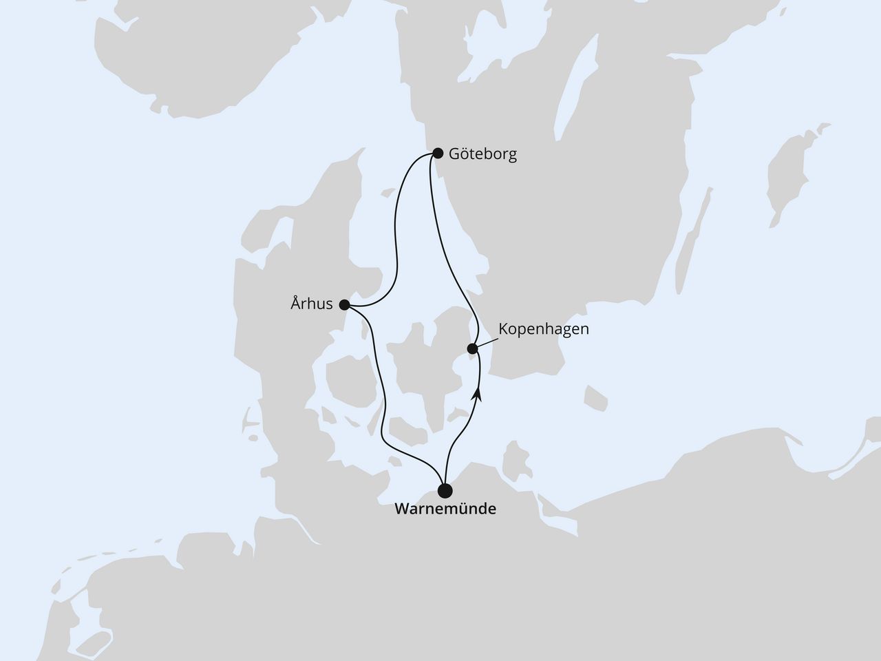 Routenkarte der AIDA Kreuzfahrt Kurzreise Schweden & Dänemark 2