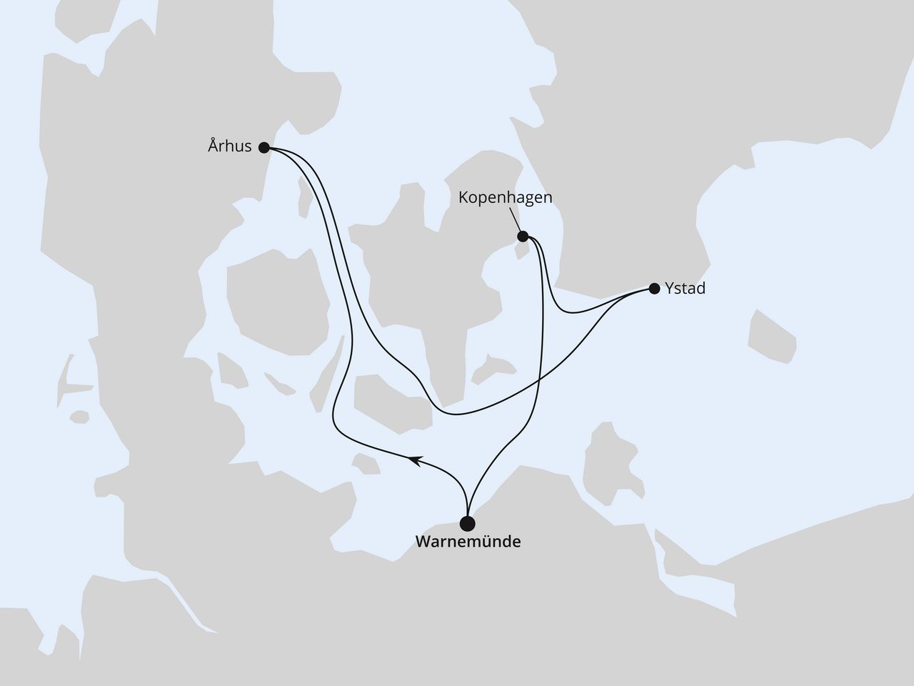 Routenkarte: Kurzreise nach Dänemark & Schweden ab Warnemünde