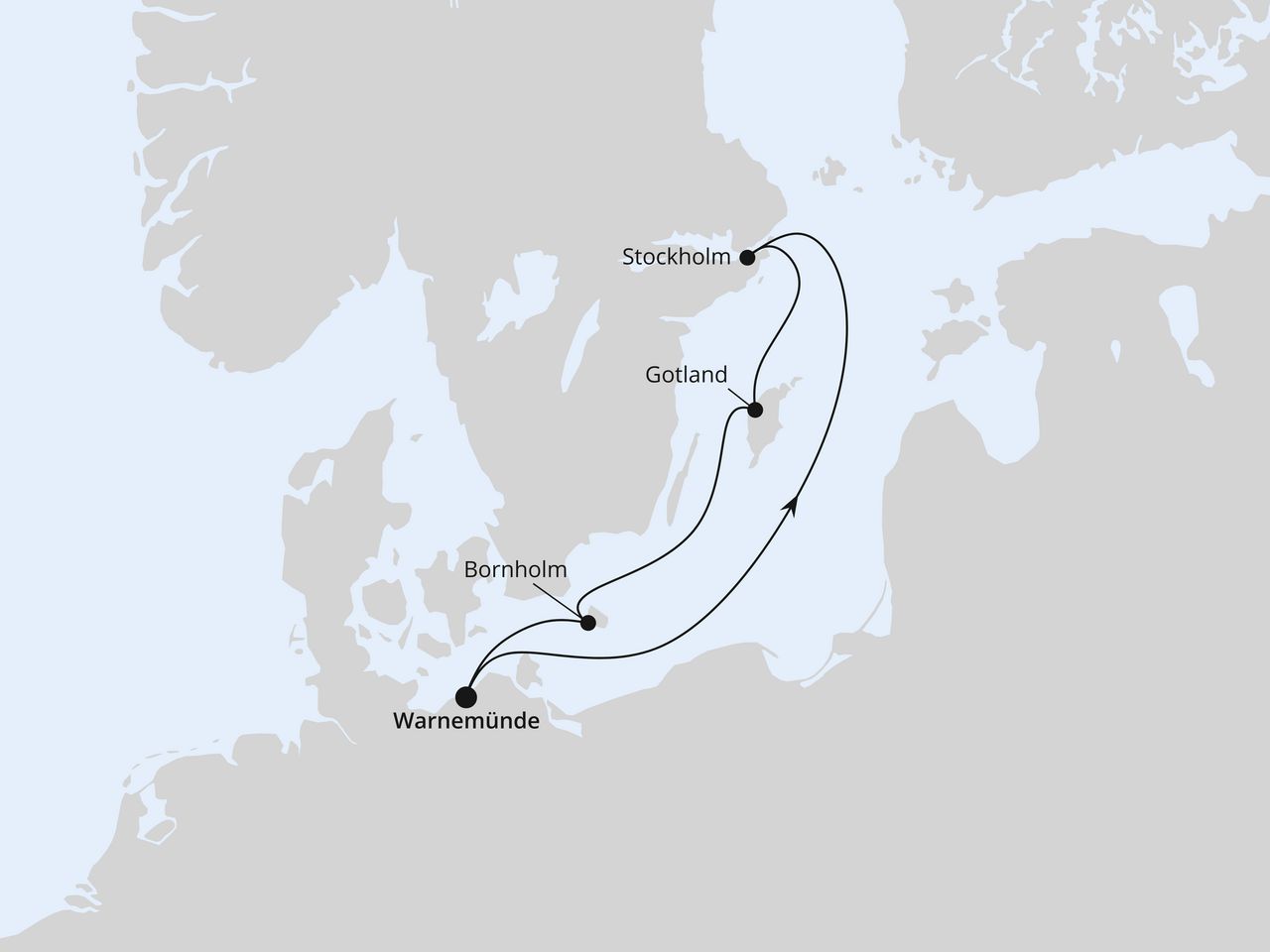 Routenkarte der AIDA Kreuzfahrt Kurzreise nach Schweden ab Warnemünde