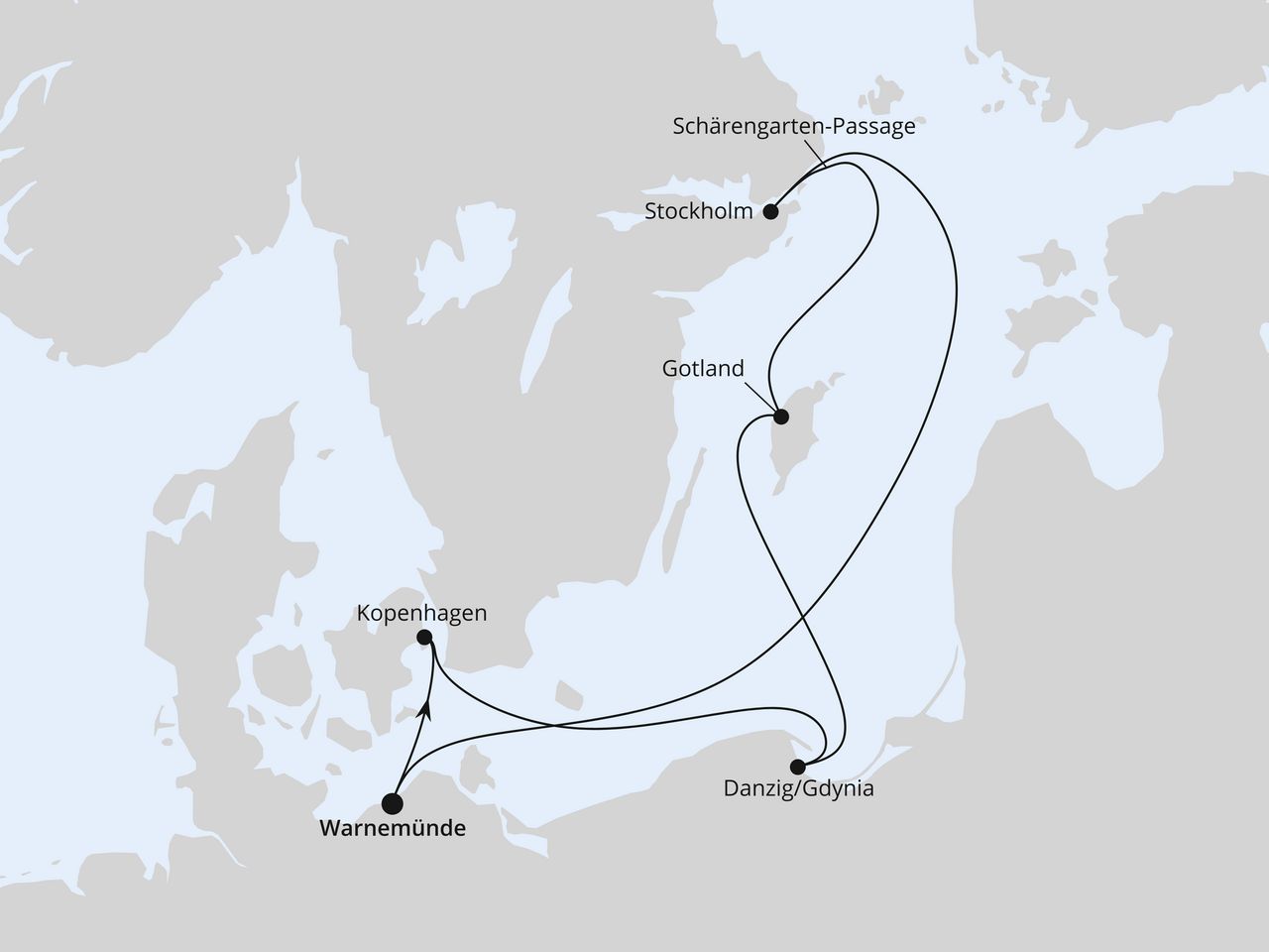 Routenkarte: Schweden, Polen & Dänemark ab Warnemünde