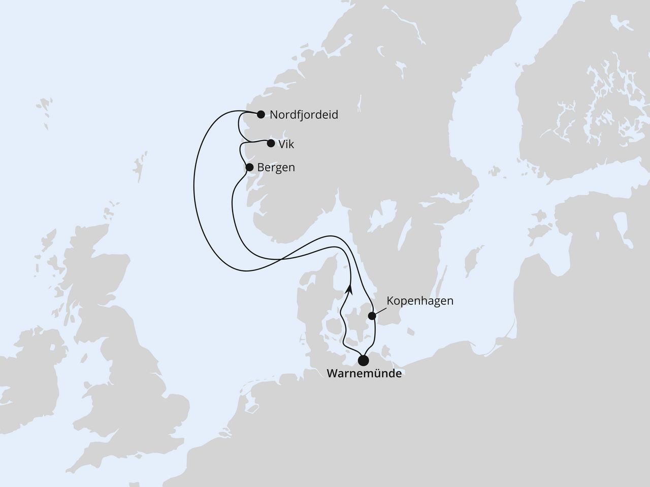 Routenkarte: Norwegens Fjorde ab Warnemünde