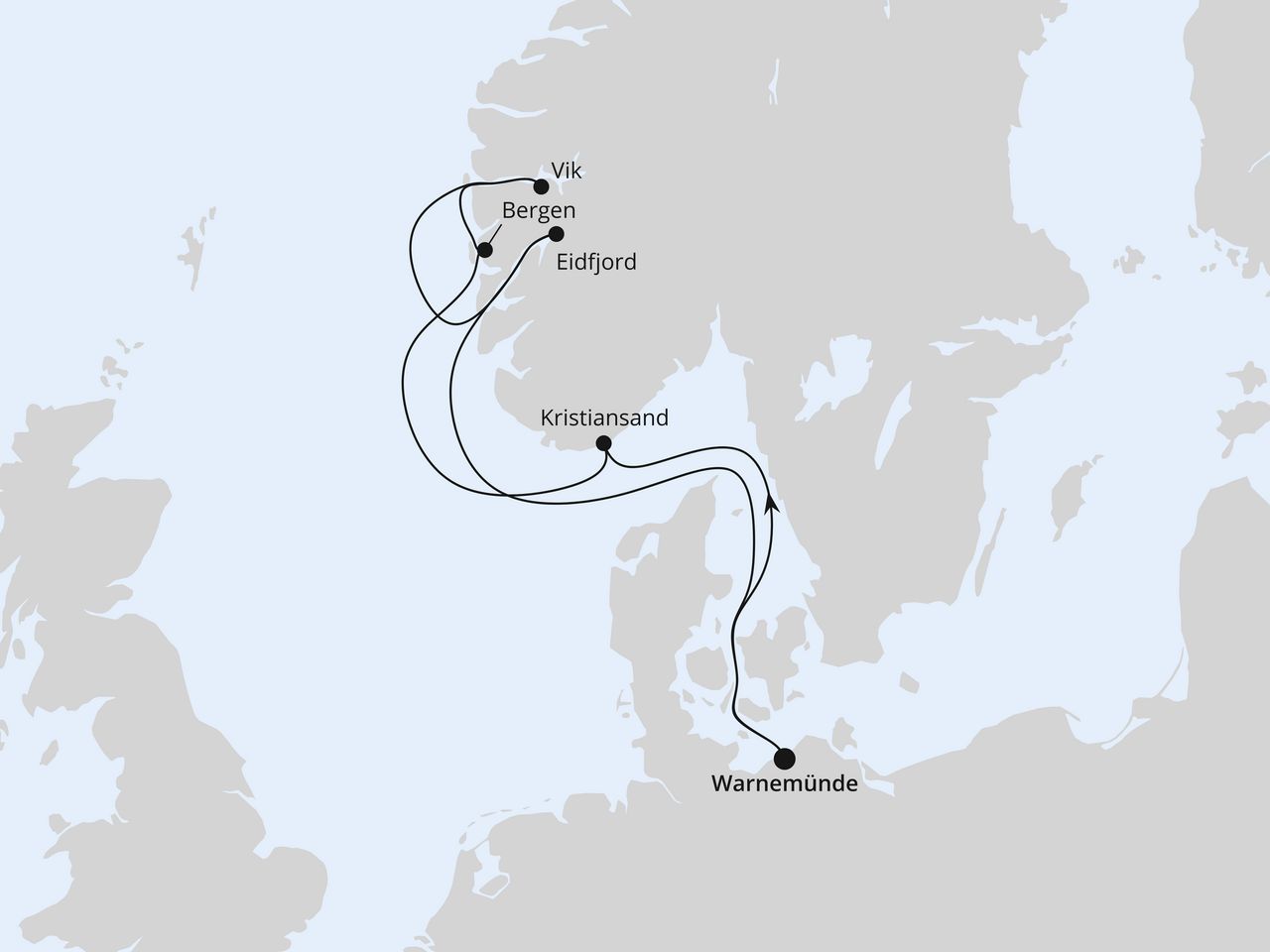 Routenkarte der AIDA Kreuzfahrt Norwegens Fjorde ab Warnemünde 1