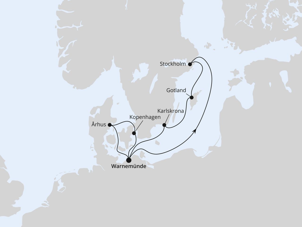 Routenkarte der Kreuzfahrt Schweden & Dänemark ab Warnemünde 1