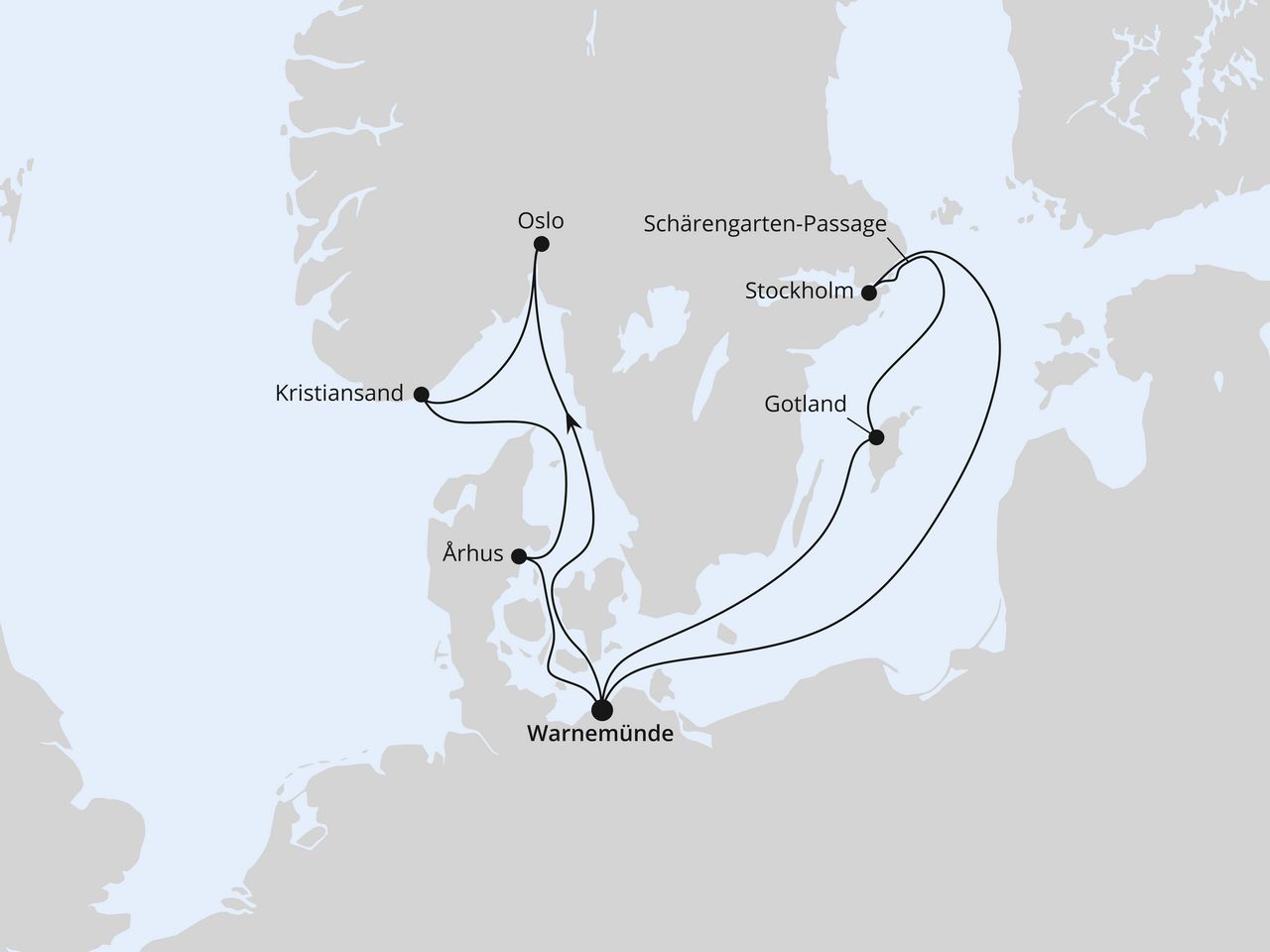 Routenkarte: Skandinavien ab Warnemünde