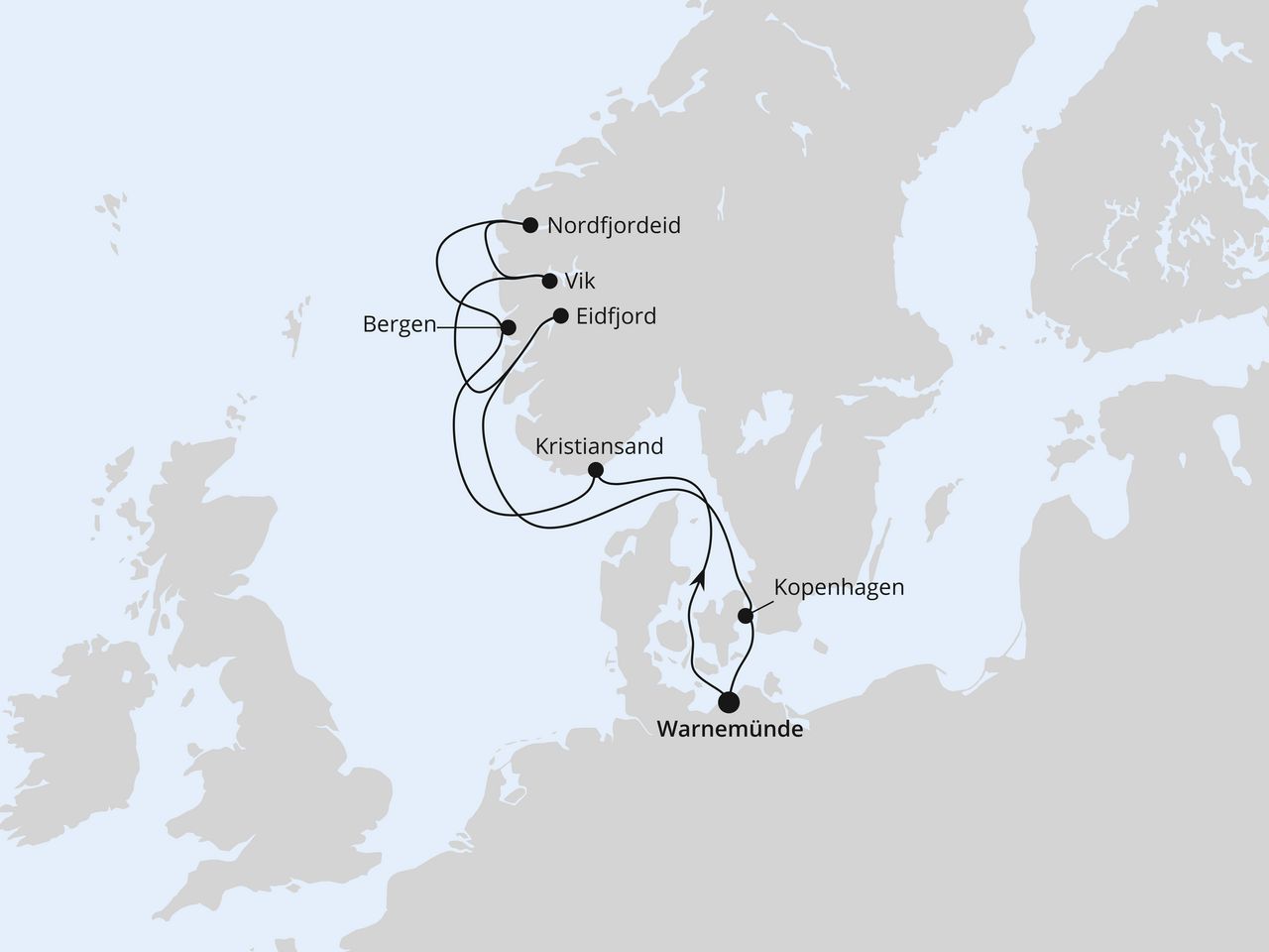 Routenkarte: Norwegens Fjorde ab Warnemünde