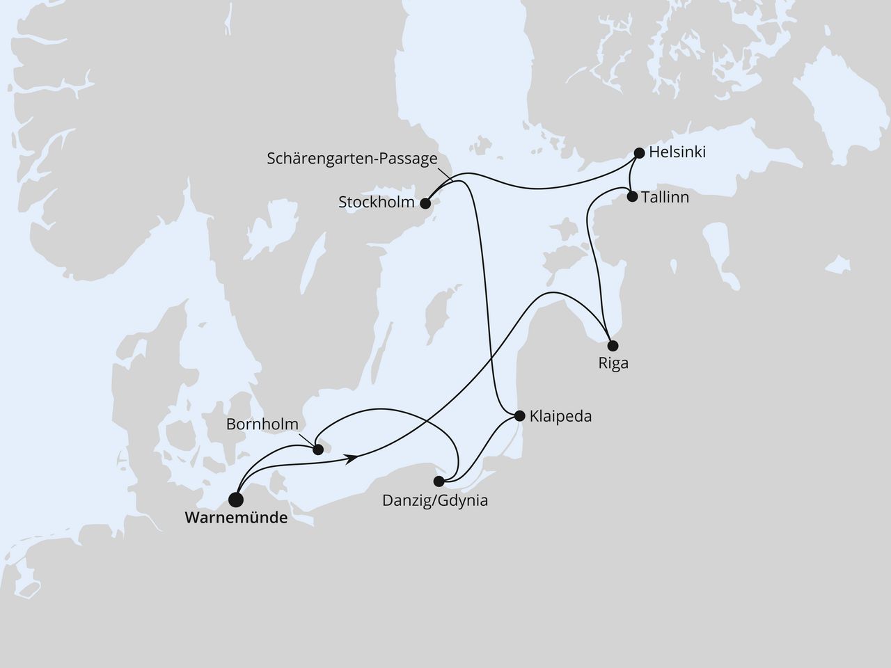 Routenkarte: Städte der Ostsee ab Warnemünde
