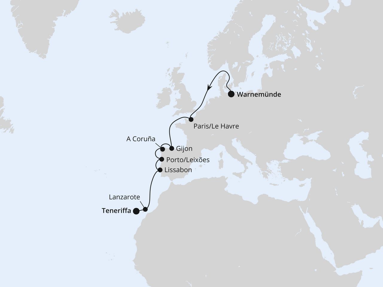 Routenkarte: Von Warnemünde über Portugal nach Teneriffa