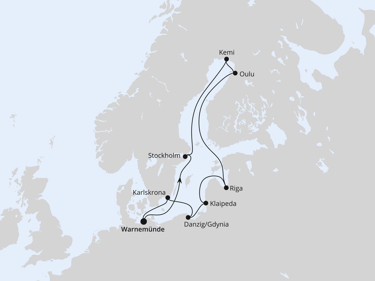 Routenkarte der AIDA Kreuzfahrt Schärengärten der Ostsee