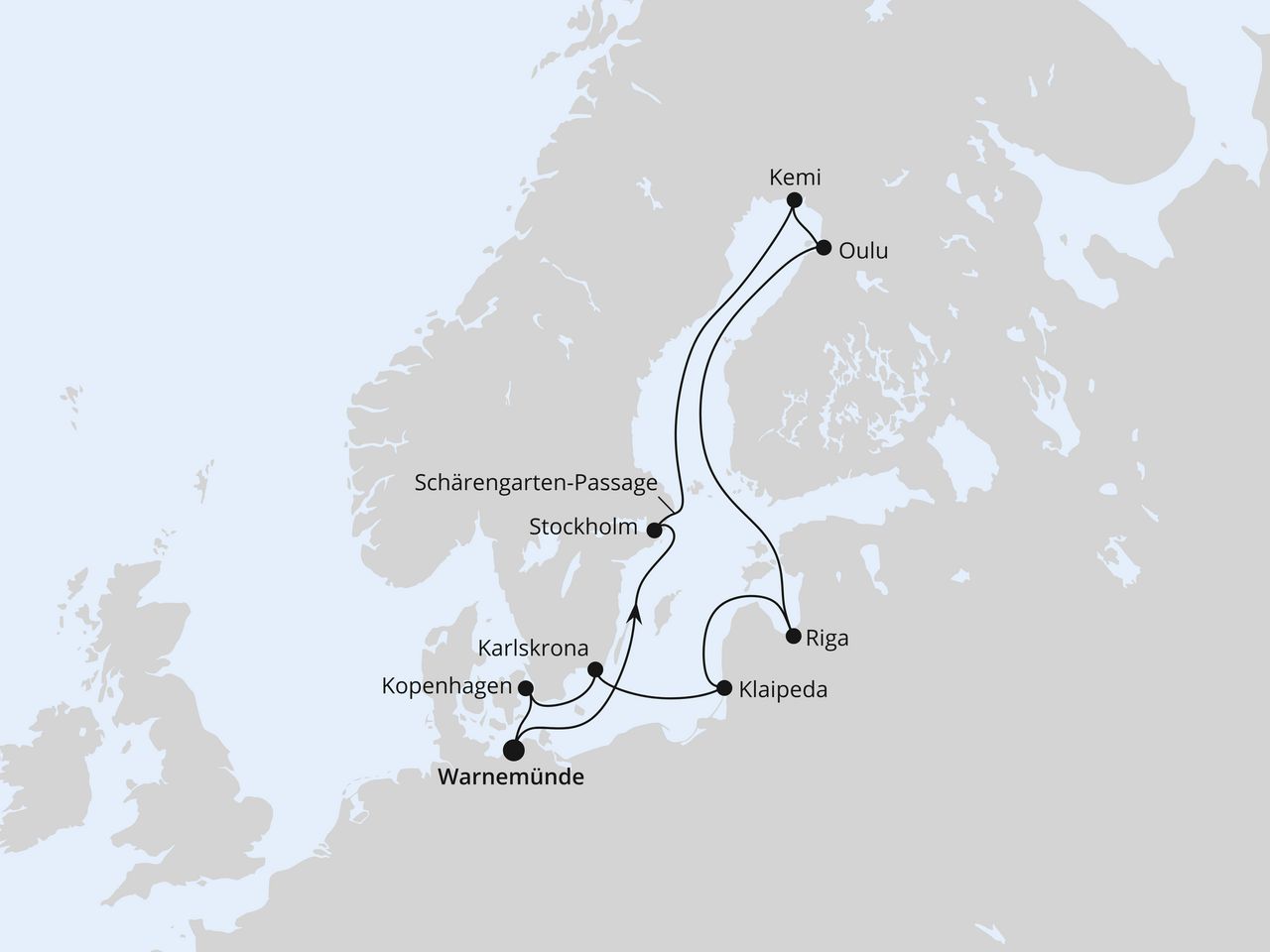 Routenkarte: Schärengärten der Ostsee ab Warnemünde