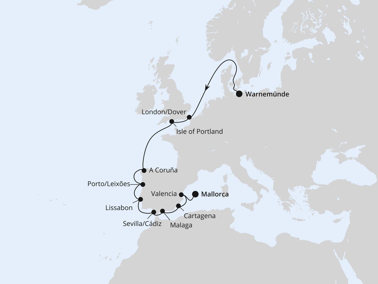 Westeuropa-Highlights von Warnemünde nach Mallorca