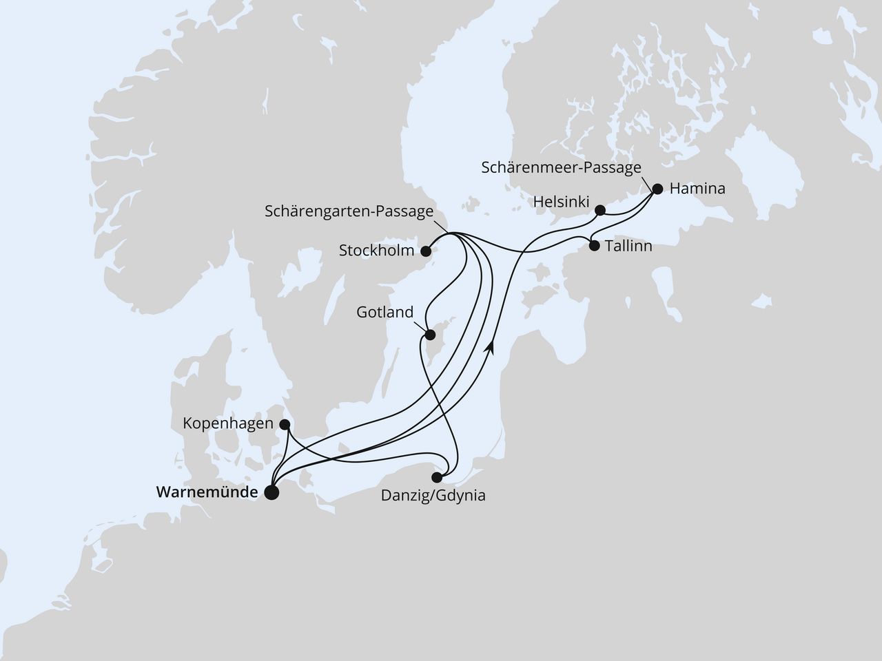 Routenkarte: Highlights der Ostseeküste ab Warnemünde