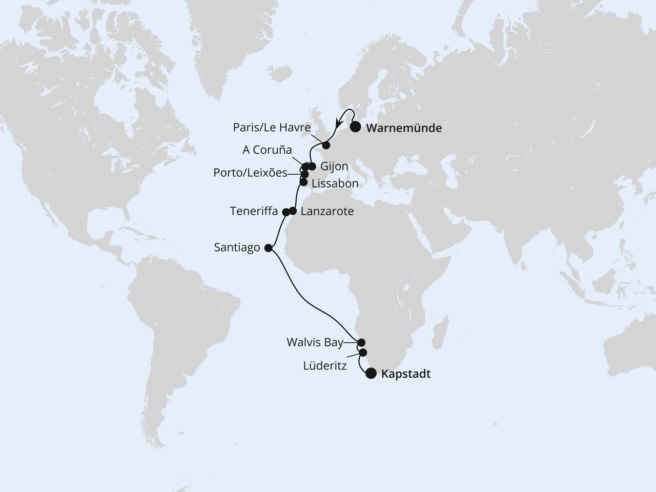Routenkarte: Von Warnemünde über Namibia nach Kapstadt