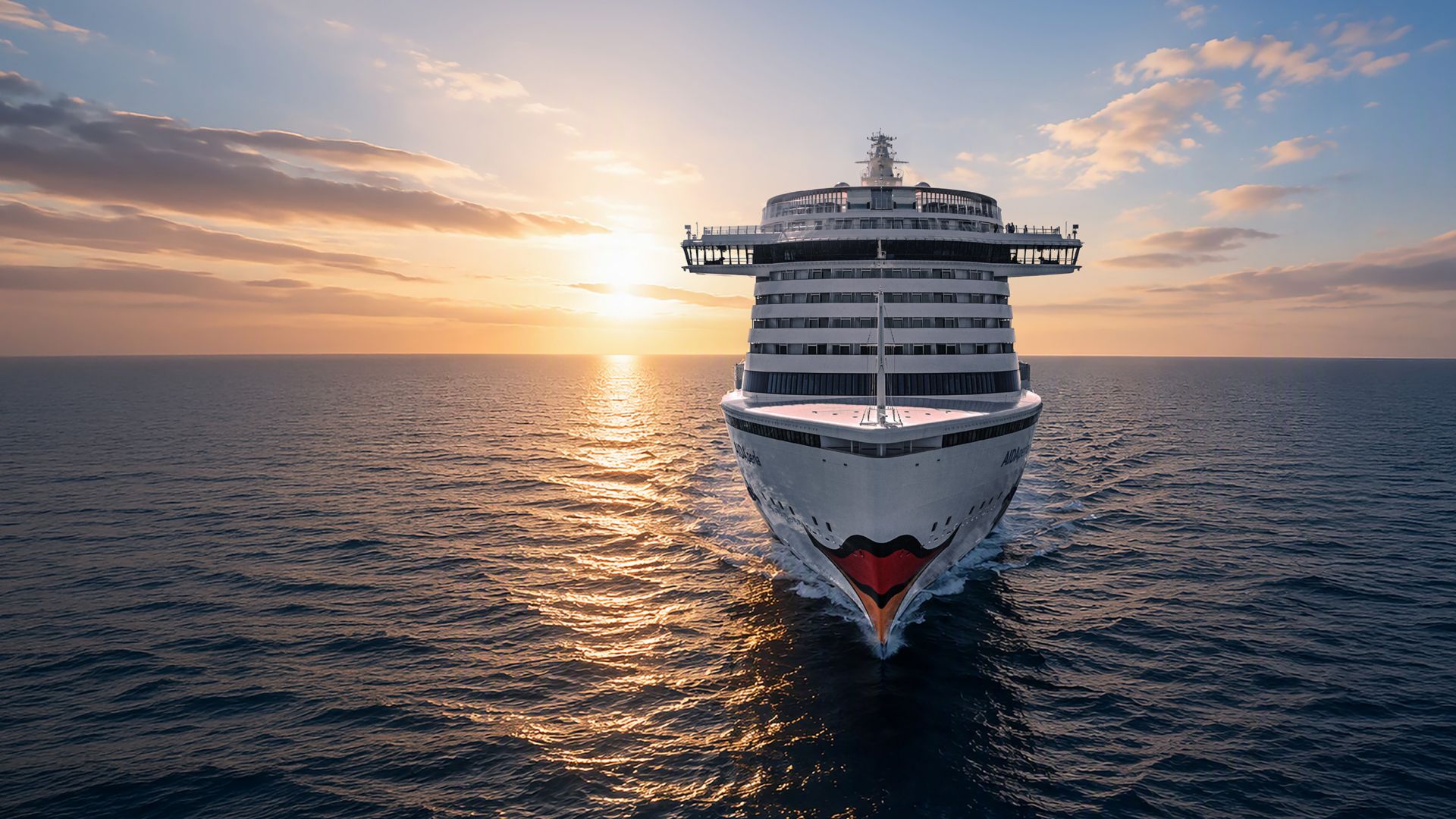 AIDA frontal fährt auf dem Meer auf die Kamera zu, dahinter die tiefstehende Sonne