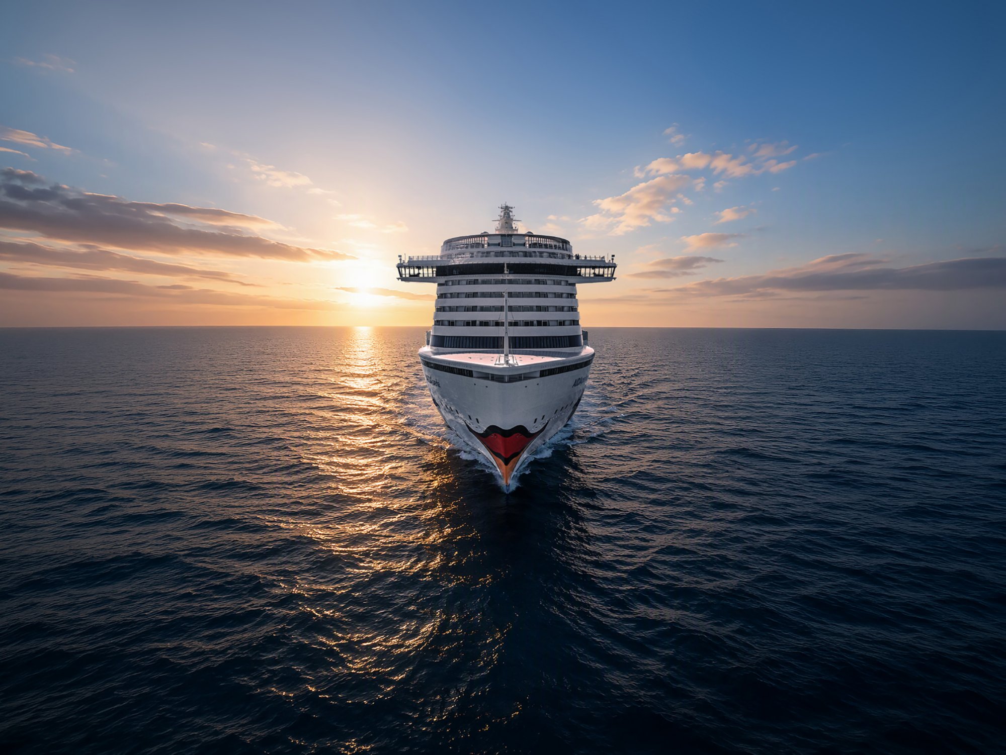 AIDA frontal auf dem Meer bei Sonnenuntergang