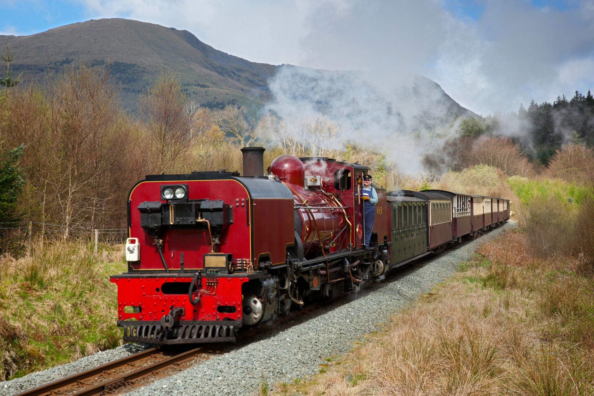 Locomotive south of Rhyd Ddu with Mynydd Drws-y-coed in backgroundWelsh Highland RailwaySnowdoniaGwyneddNorthNarrow GaugeRailTransport
