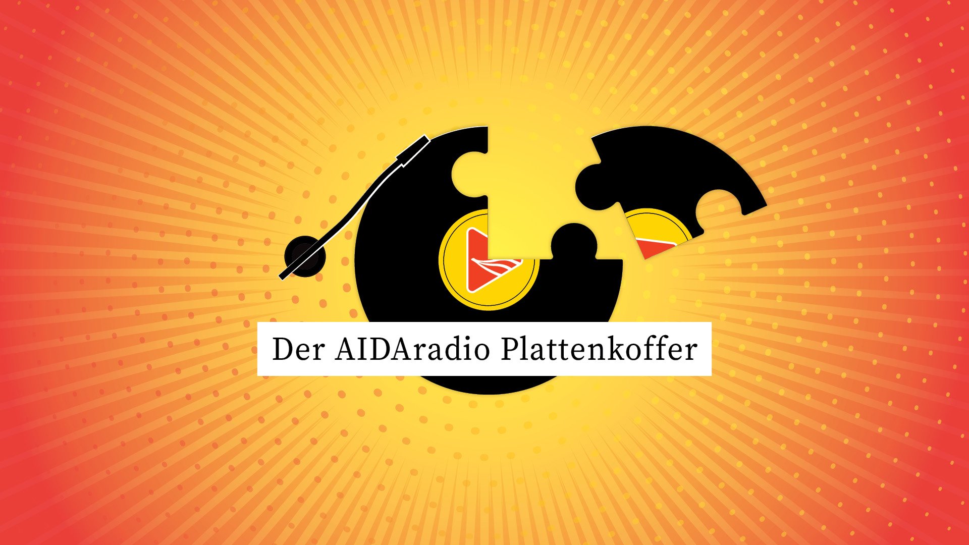 Grafik mit gelb orangem Hintergrund, gelb ist in der Mitte und läuft strahlenförmig nach außen. In der Mitte ist eine schwarze Schallplatte von der ein Puzzelstück daneben liegt. Darauf ist ein schwarzer Schriftzug, weiß hinterlegt.  