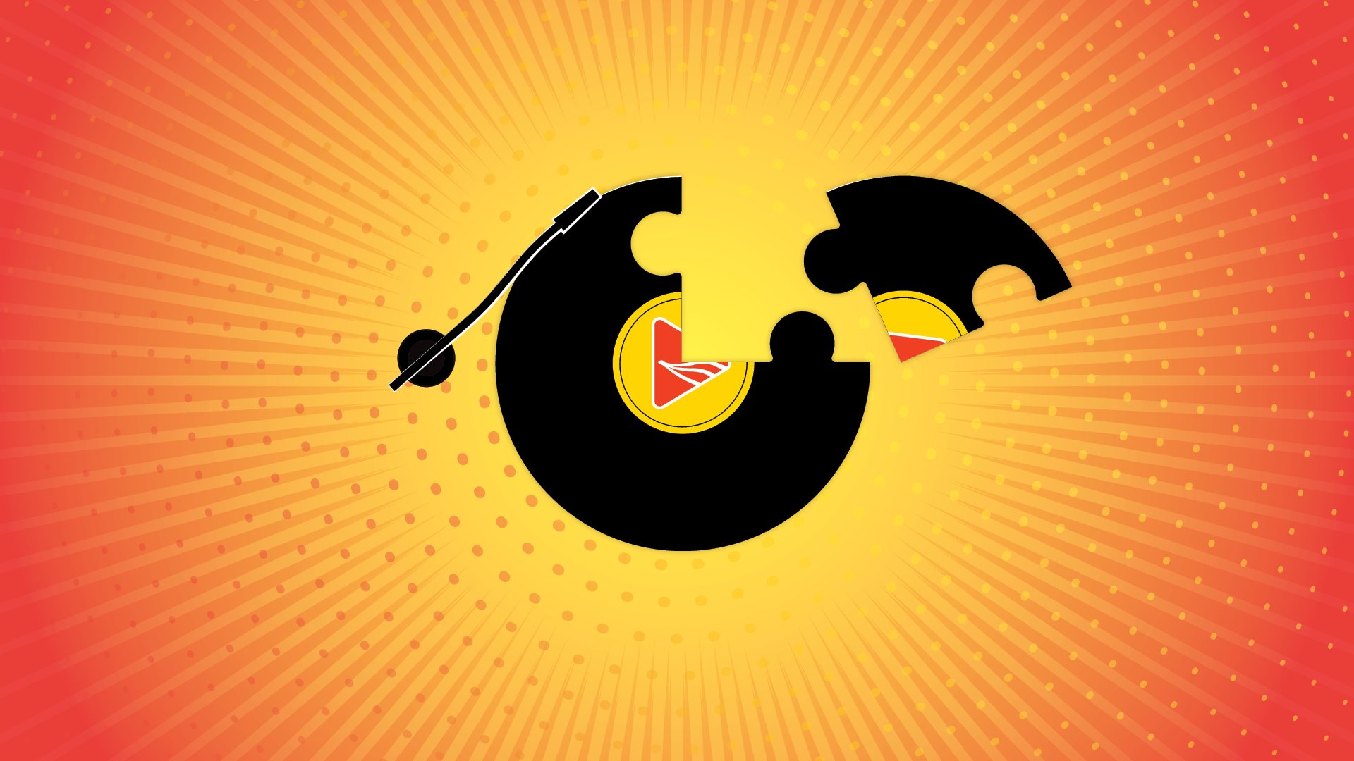 Eine schwarze Schallplatte auf gelb-rotem Hintergrund, im Vordergrund der Banner mit dem Gewinnspieltitel AIDAradio Plattenkoffer