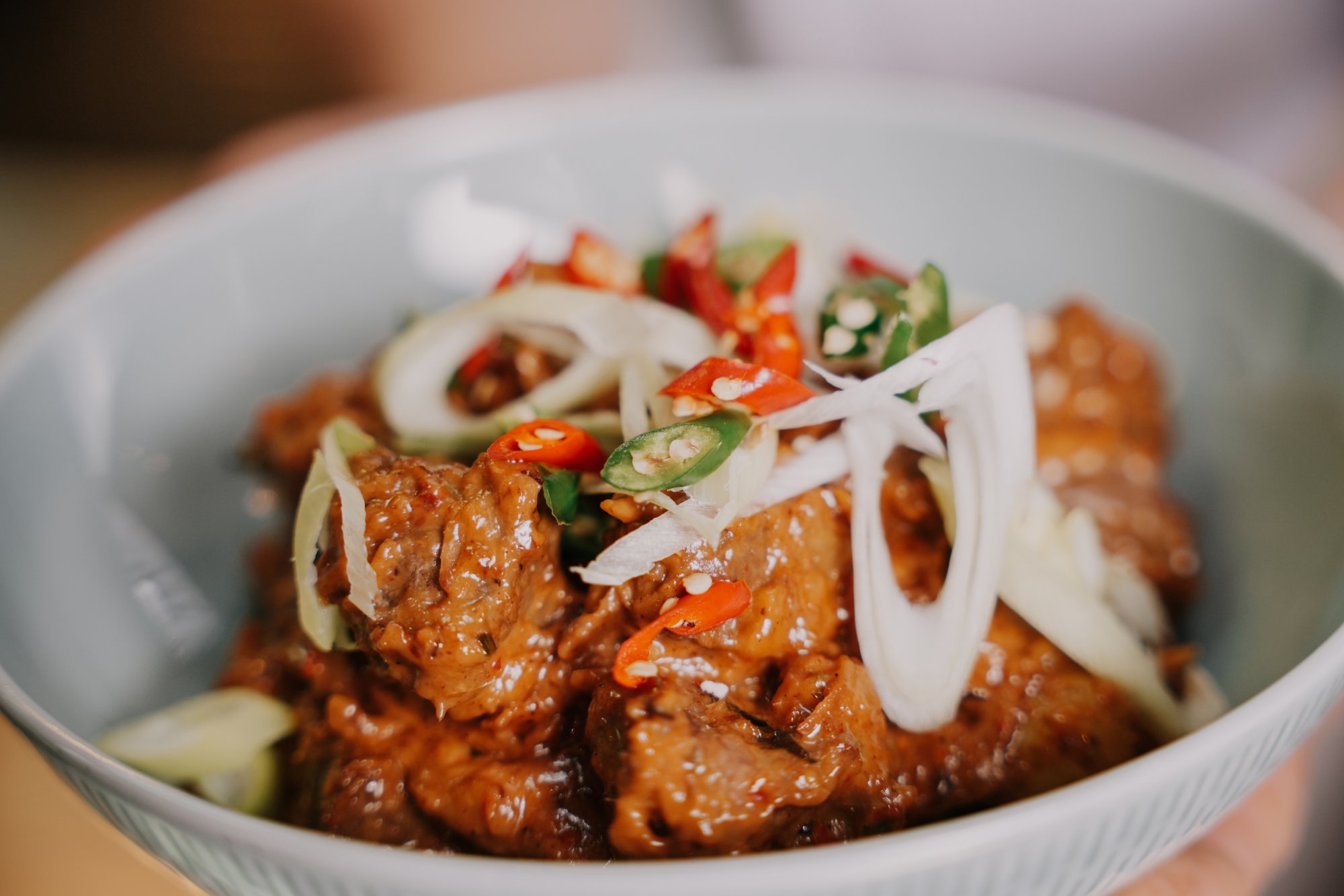 Rindercurry Rendang aus Indonesien mit frischen Zwiebeln und Chili garniert