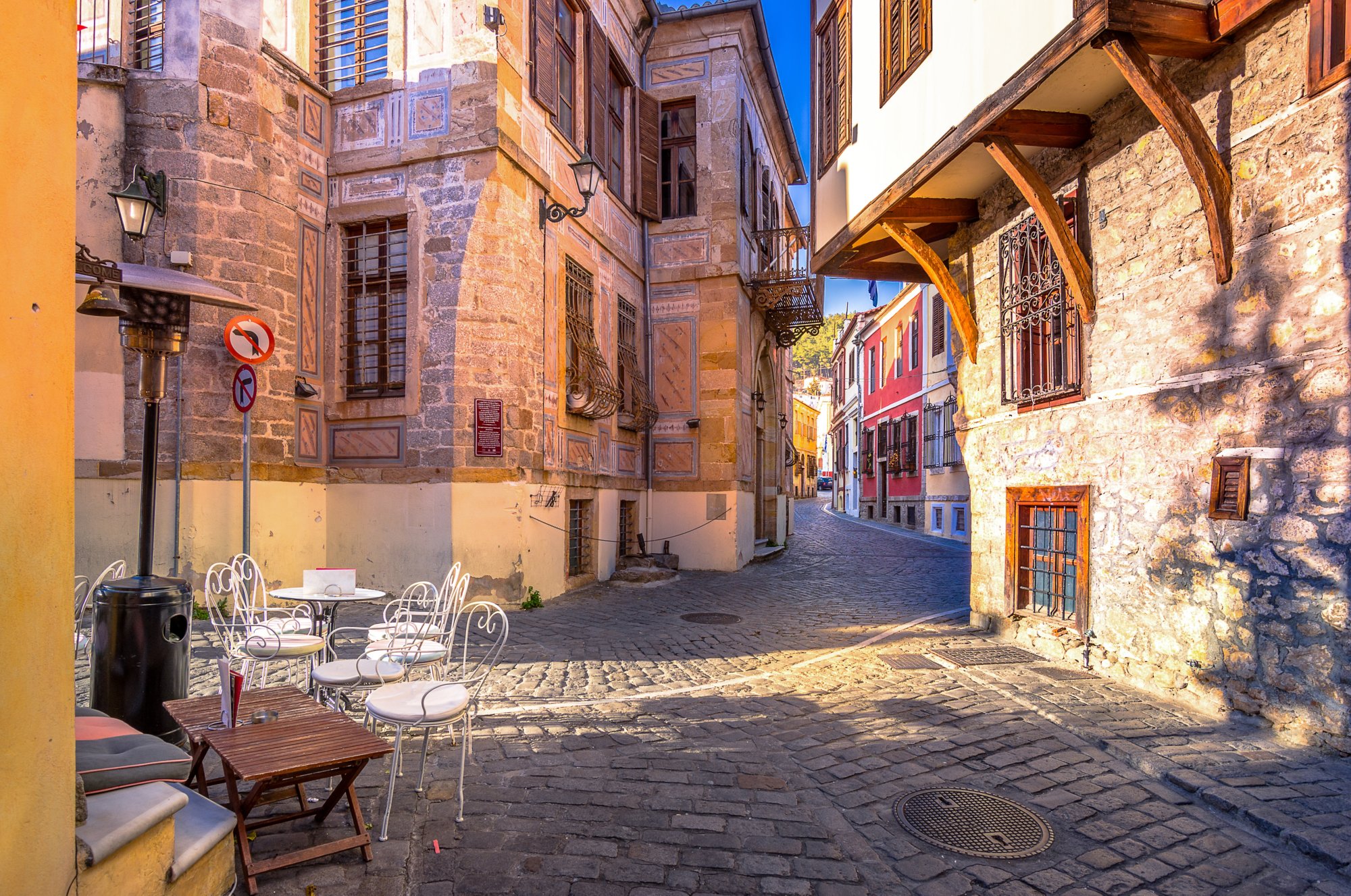 Picturesque narrow street and buildings in the old town of Xanthi, Greece.