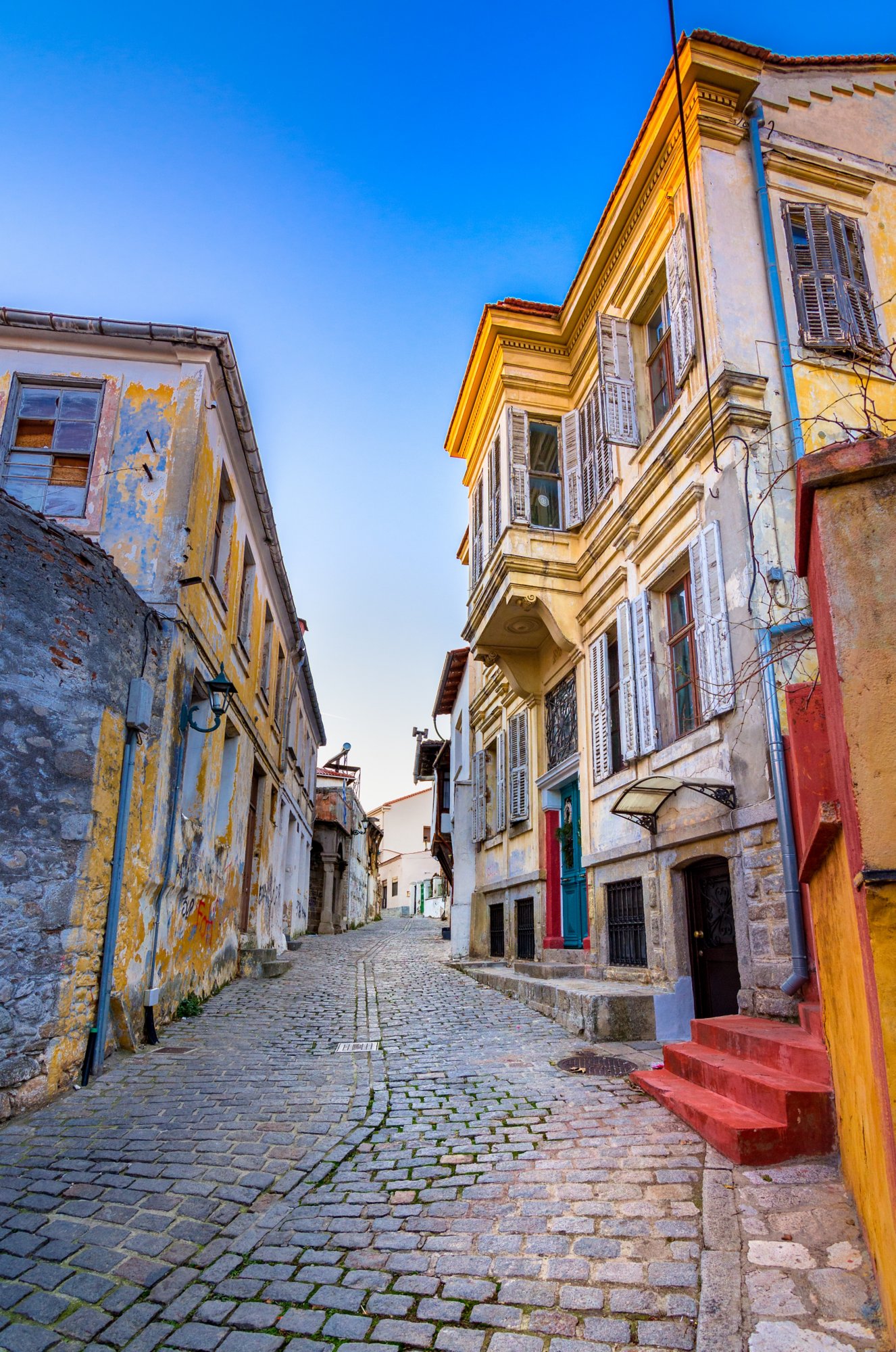 Picturesque narrow street and buildings in the old town of Xanthi, Greece.