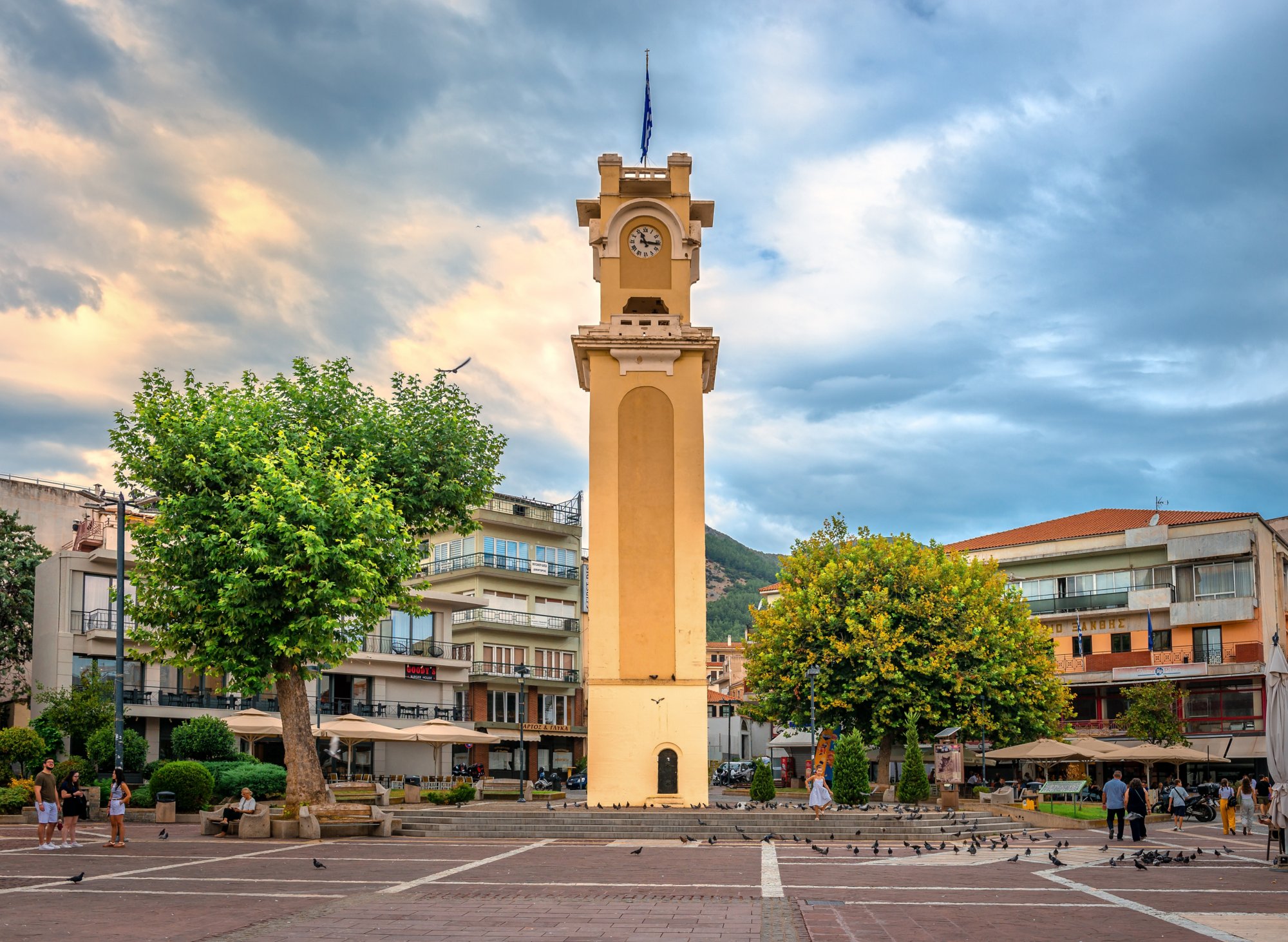 Xanthi, Greece - September 1 2024: The Clock tower of Xanthi, an Ottoman-era monument located in the central square of the town.