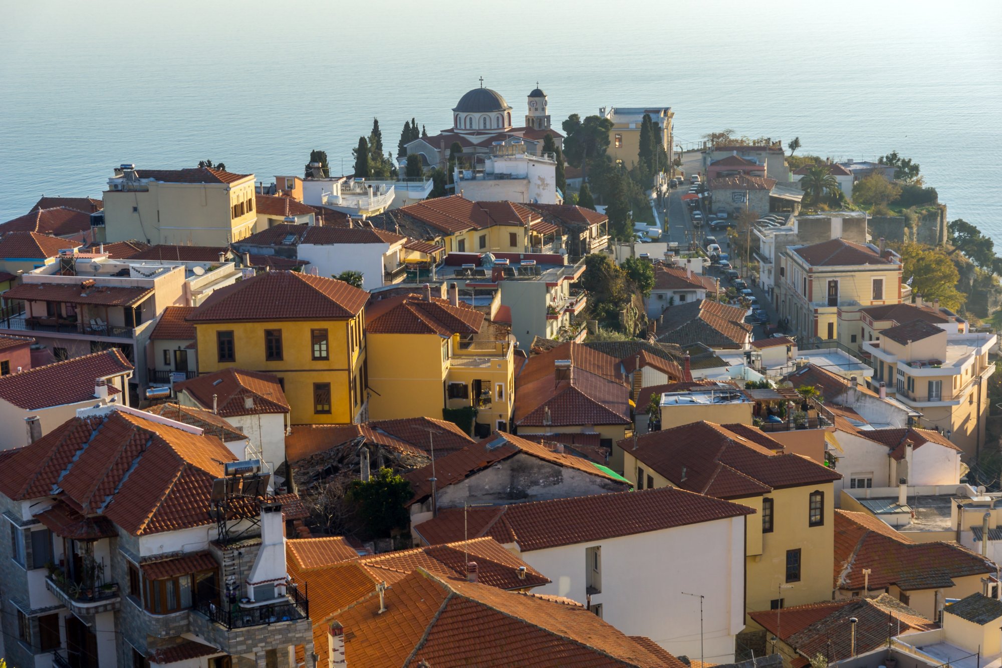Sunset Panorama to old town of Kavala, East Macedonia and Thrace, Greece