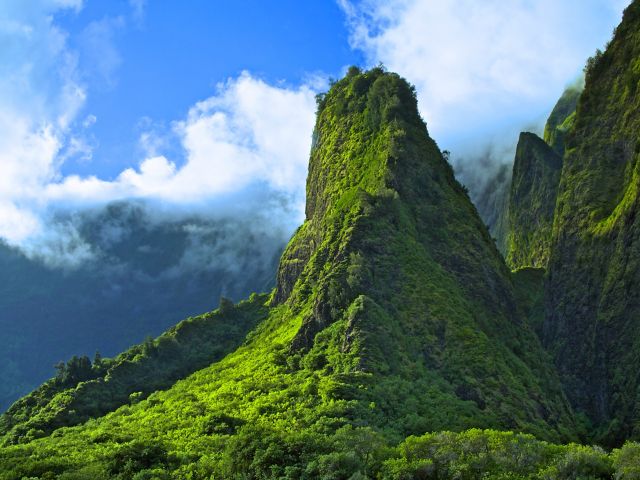 The Iao Needle (Kūkaemoku) is a famous landmark in Maui, Hawaii, a vegetation-covered lava remnant rising 1,200 feet (370 m) from the valley floor. The "needle" itself is an illusion, and is in reality a sharp ridge that gives the appearance of being a spire when viewed end-on. The needle is an extension of and surrounded by the cliffs of the West Maui Mountains, an extinct volcano.        